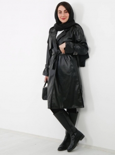 پالتو بلند چرم آستر دار کد 2482